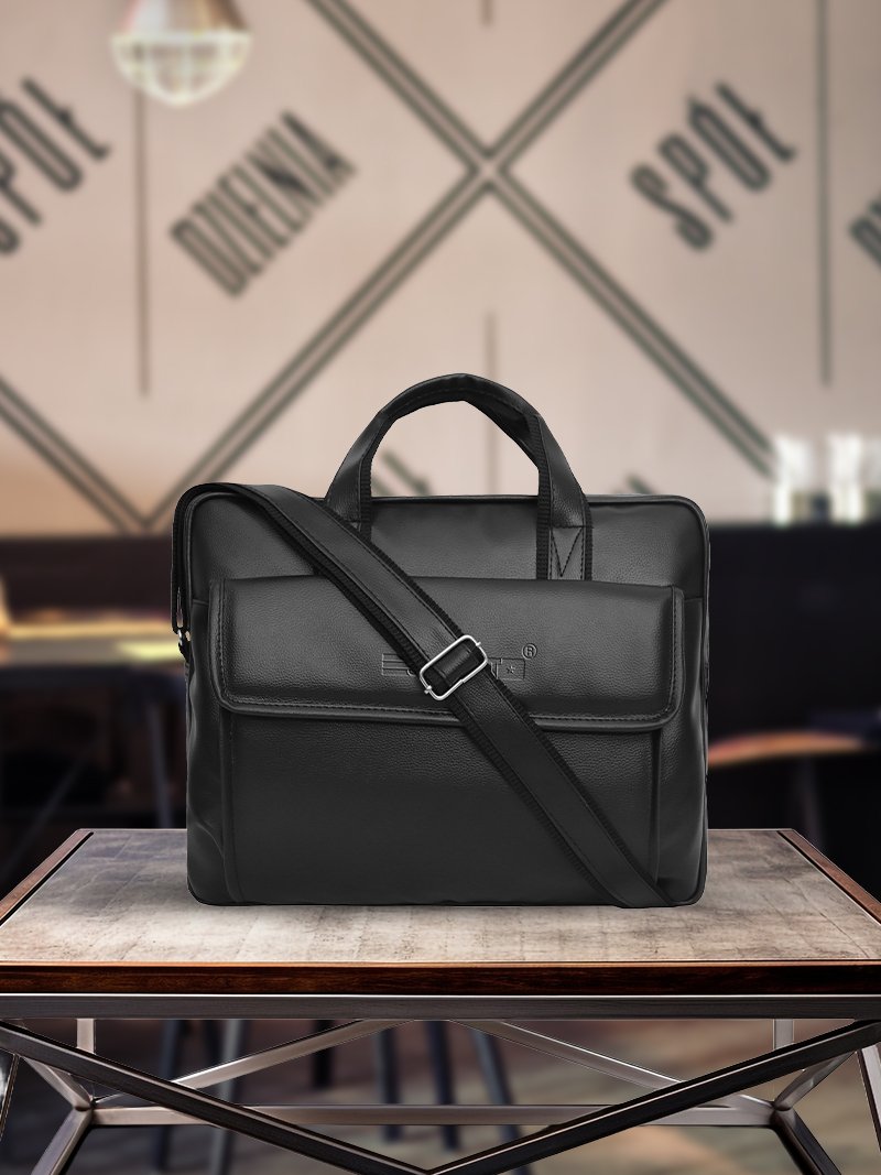 Strapit black synthetic leather messenger bag for laptop